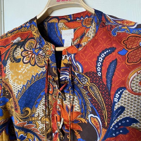 Chico's 2 Tunic Long Sleeve Paisley Lace Up Asymmetrical Hem Women Large Petite - Picture 3 of 13